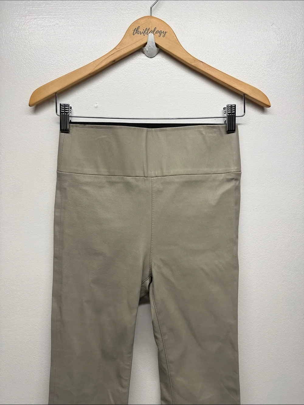 Sprwmn Leggings 100% Lamb Leather Flare Pants Wide Waist Stretch Beige Size XS